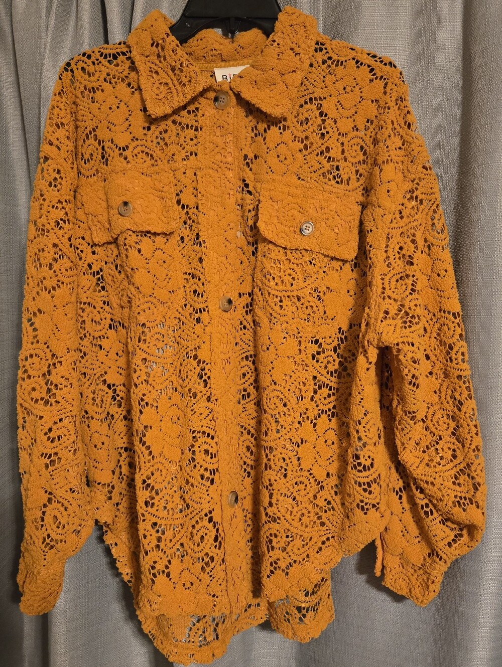 BiBi Oversized Mustard Crochet Button-Up Cardigan Shacket Size Medium